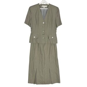 Adele Simpson Vintage Skirt Suit Set Green Rayon Linen Short Sleeve Blazer Sz 8